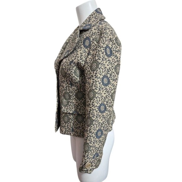 Ann Taylor Loft Wool Blend Knit Blazer Jacket Blue Beige Medallion Size 6 - Picture 2 of 9